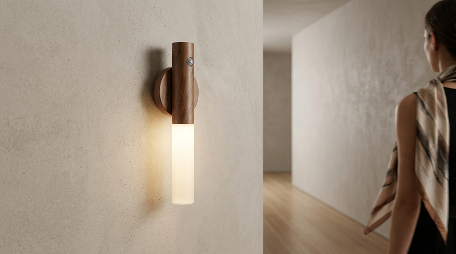 AuraBeam Motion Sensor LED Night Light - Ash finish mounted on wall